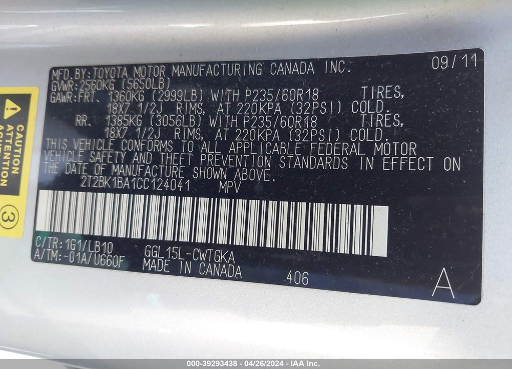 2012 LEXUS RX 350 VIN: 2T2BK1BA1CC124041