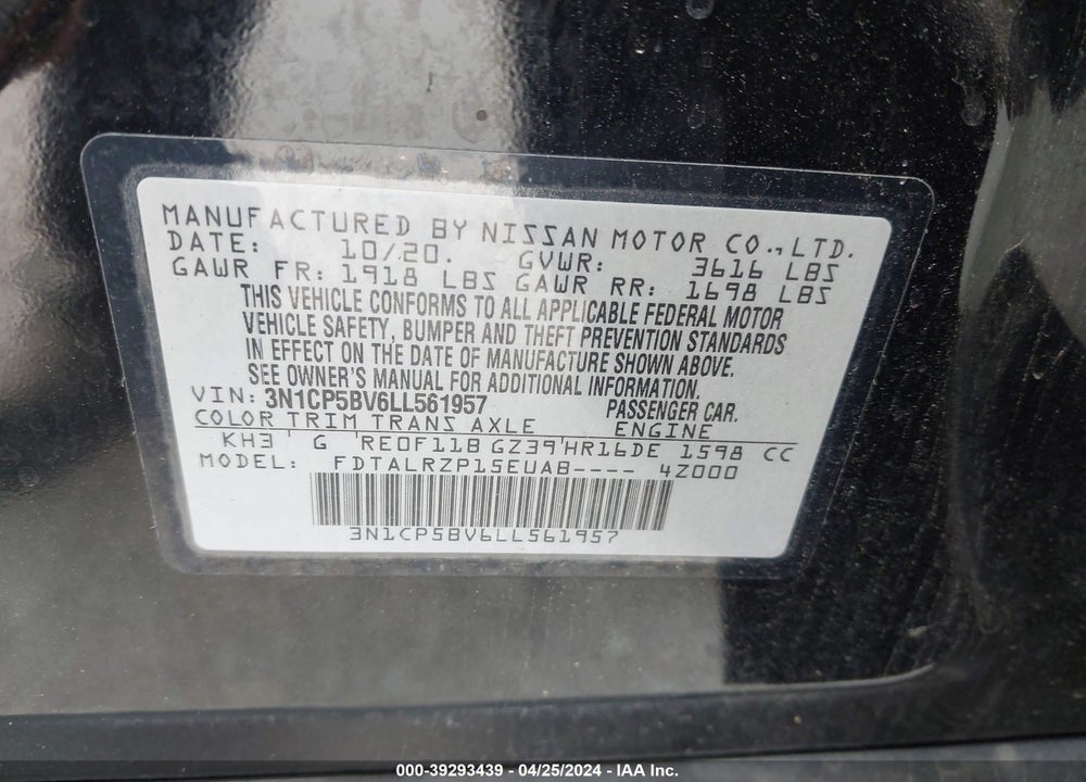 2020 NISSAN KICKS S XTRONIC CVT VIN: 3N1CP5BV6LL561957