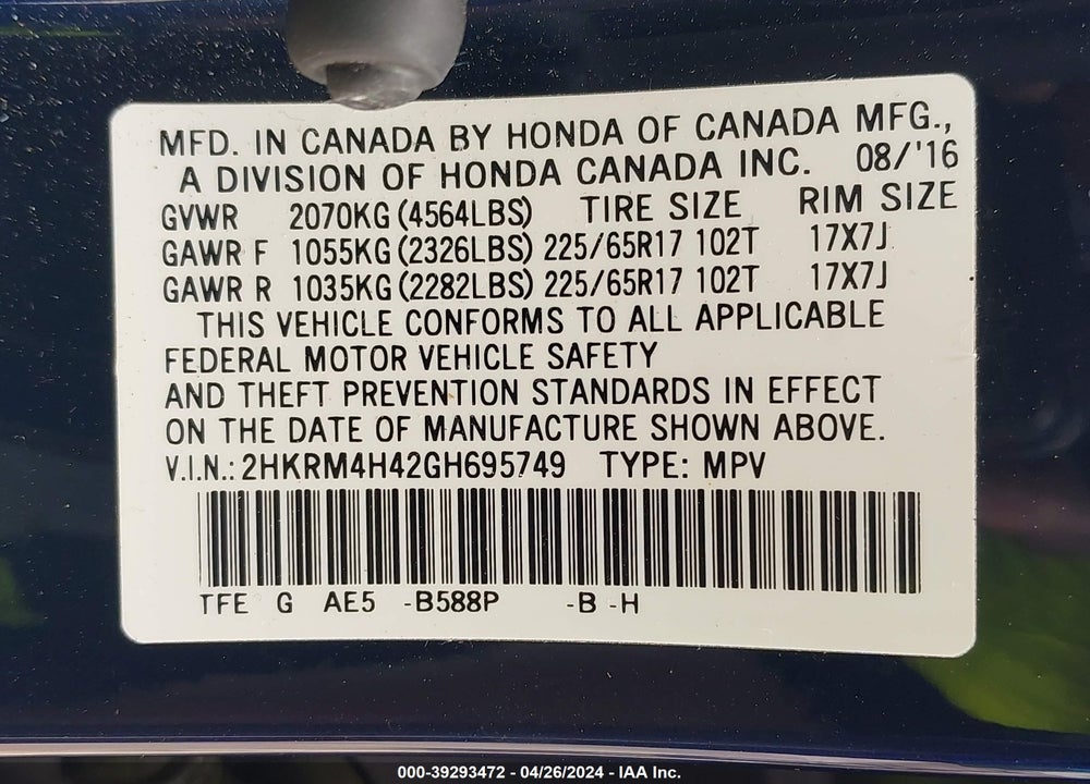 2016 HONDA CR-V SE VIN: 2HKRM4H42GH695749