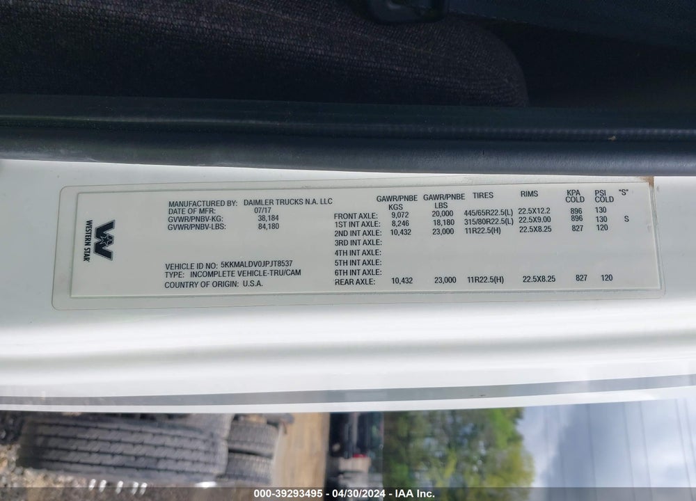 2018 WESTERN STAR 4900 SET BACK AXLE VIN: 5KKMALDV0JPJT8537