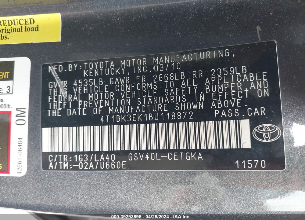 2011 TOYOTA CAMRY XLE V6 VIN: 4T1BK3EK1BU118872