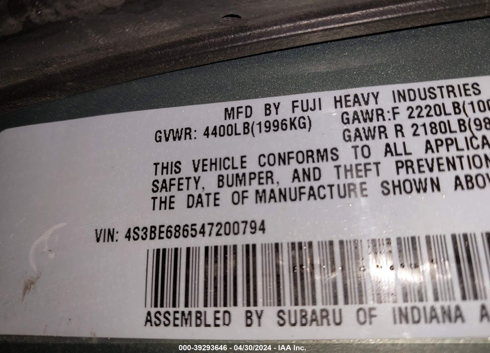 2004 SUBARU OUTBACK LIMITED VIN: 4S3BE686547200794
