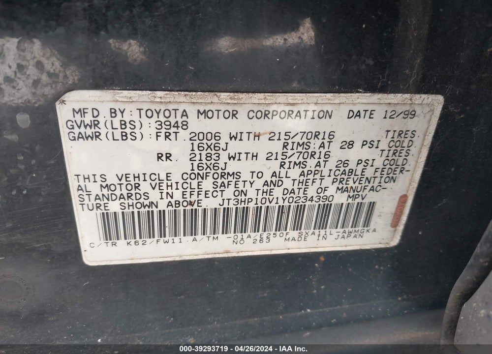 2000 TOYOTA RAV4 VIN: JT3HP10V1Y0234390