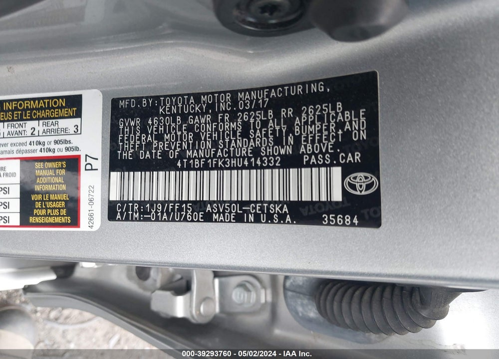 2017 TOYOTA CAMRY VIN: 4T1BF1FK3HU414332