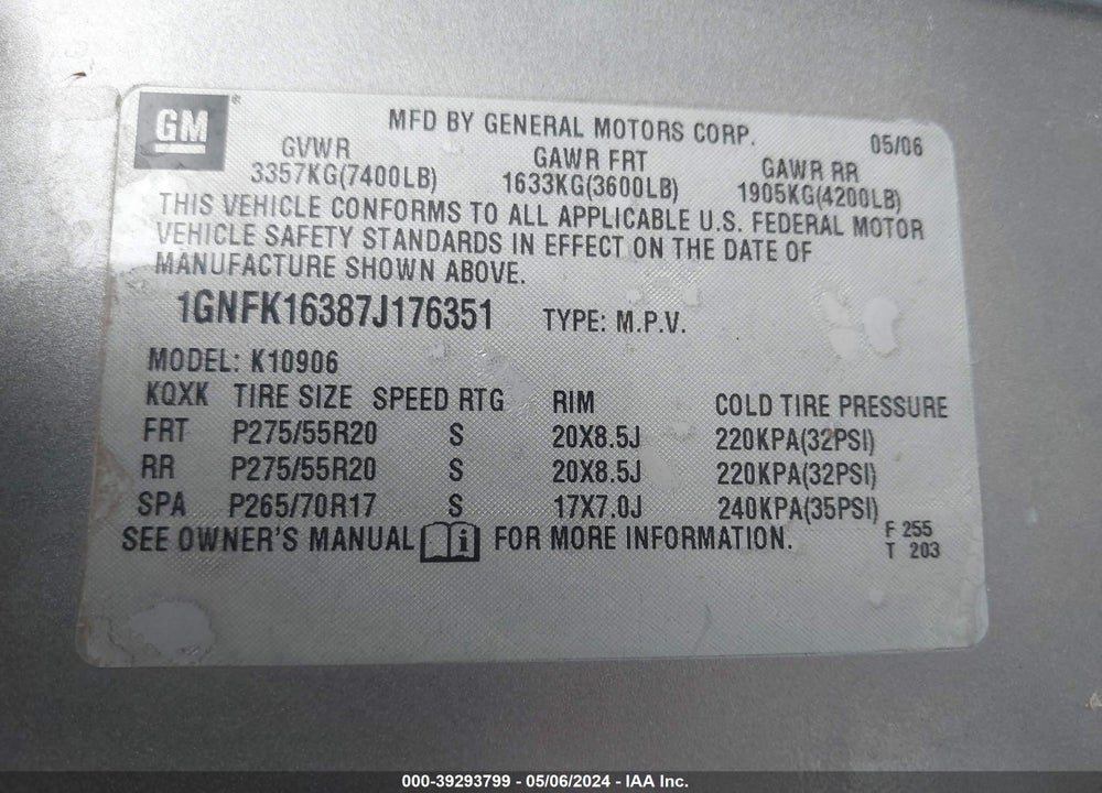 2007 CHEVROLET SUBURBAN 1500 LTZ VIN: 1GNFK16387J176351