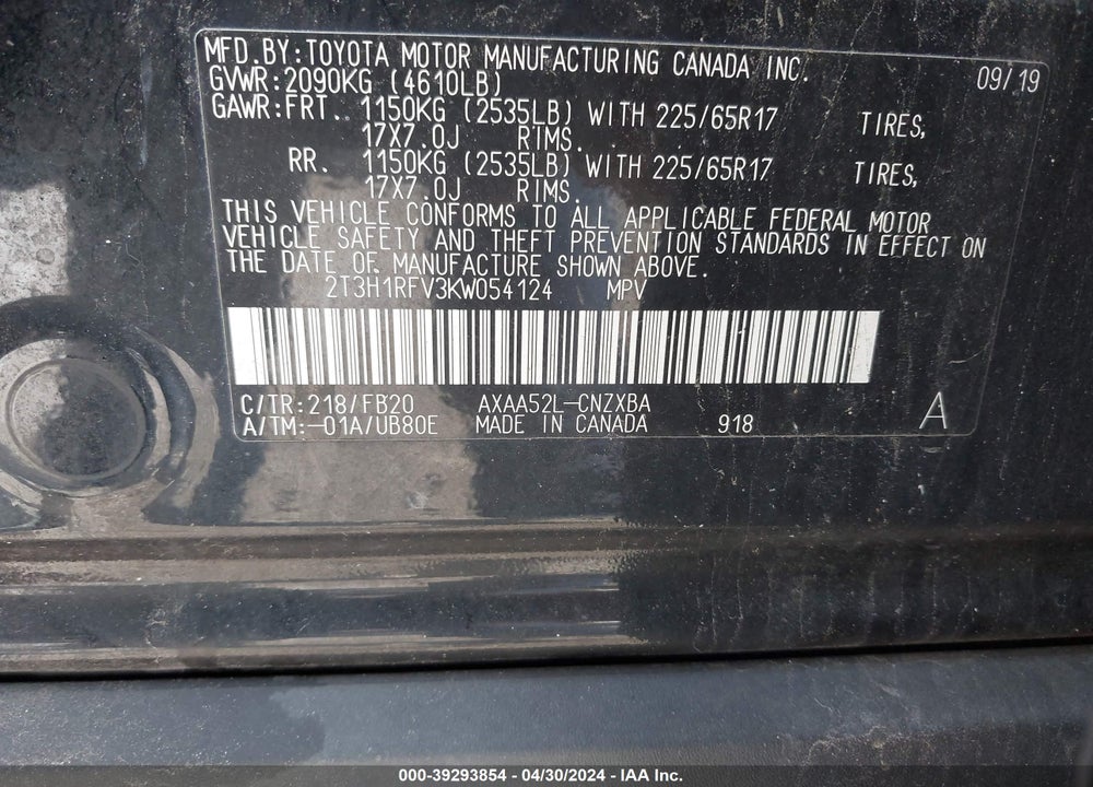 2019 TOYOTA RAV4 LE VIN: 2T3H1RFV3KW054124