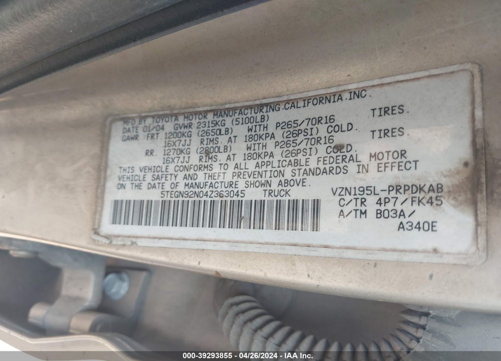 2004 TOYOTA TACOMA PRERUNNER V6 VIN: 5TEGN92N04Z363045