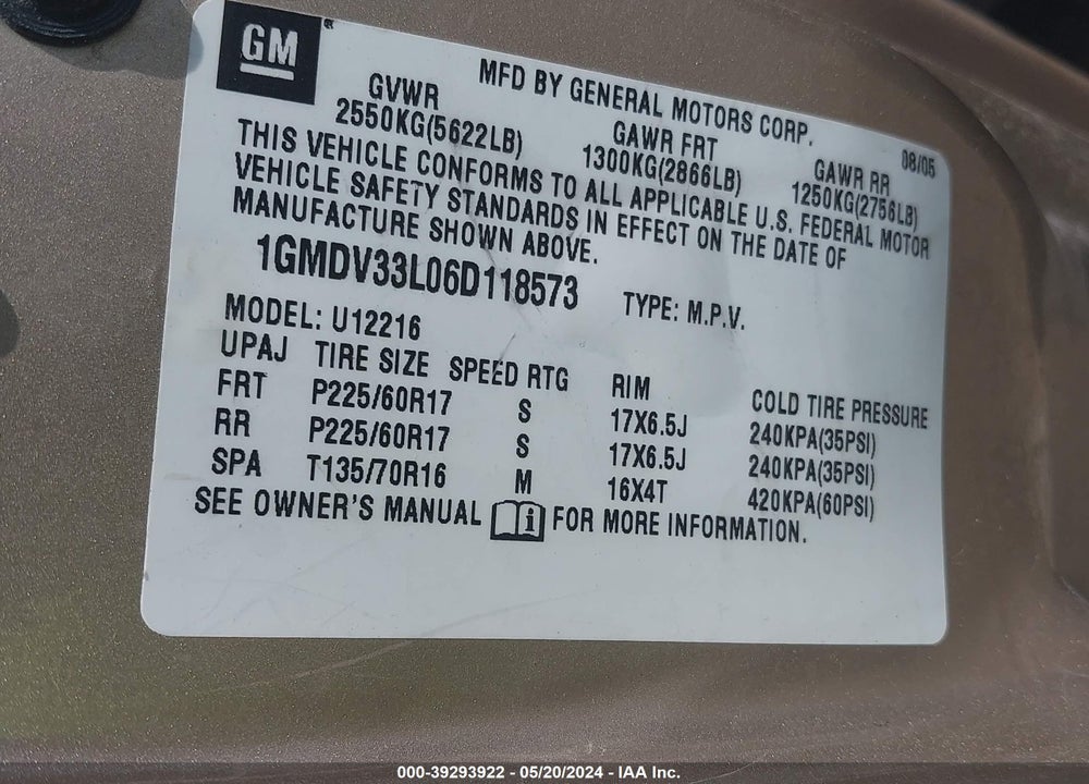 2006 PONTIAC MONTANA SV6 VIN: 1GMDV33L06D118573