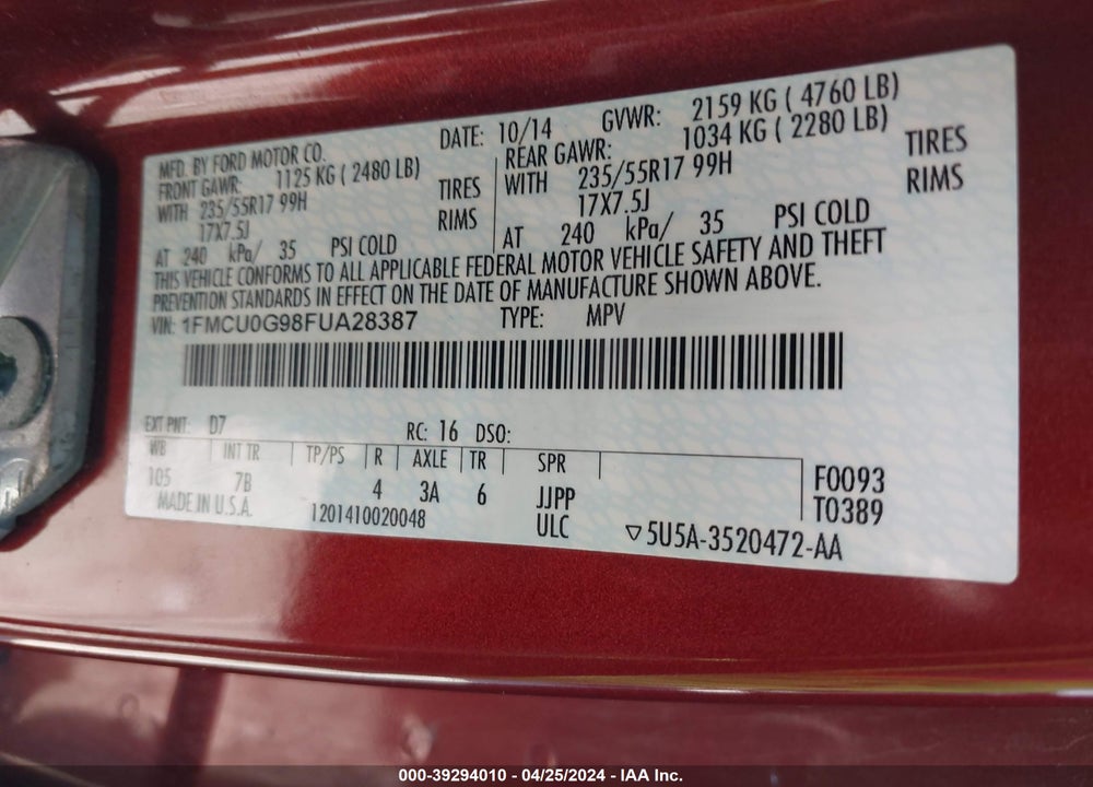2015 FORD ESCAPE SE VIN: 1FMCU0G98FUA28387