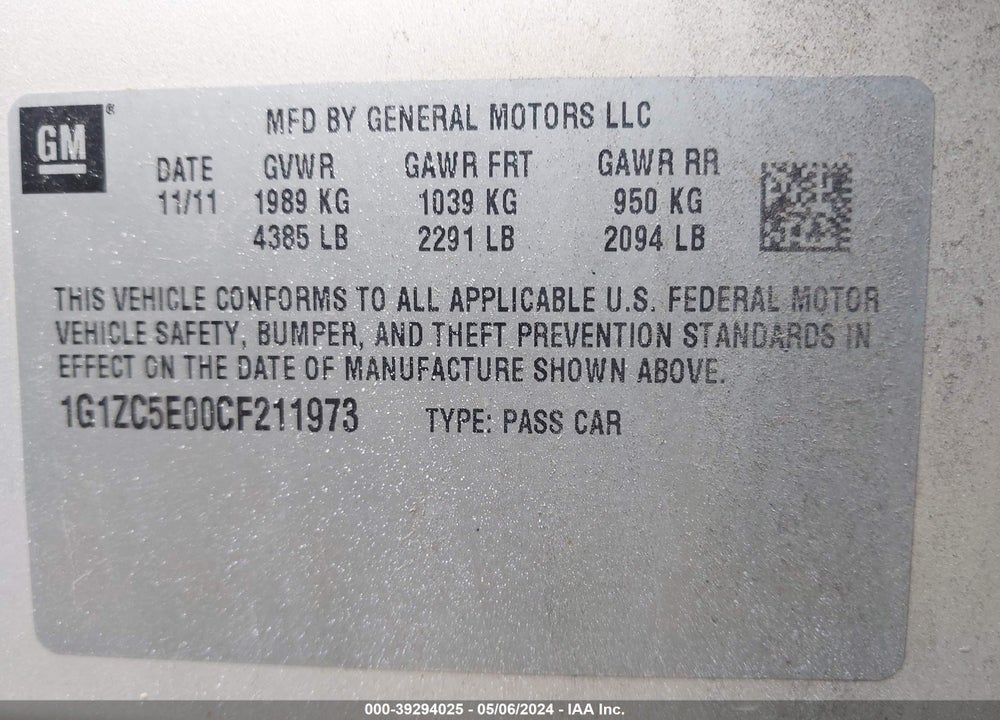 2012 CHEVROLET MALIBU 1LT VIN: 1G1ZC5E00CF211973