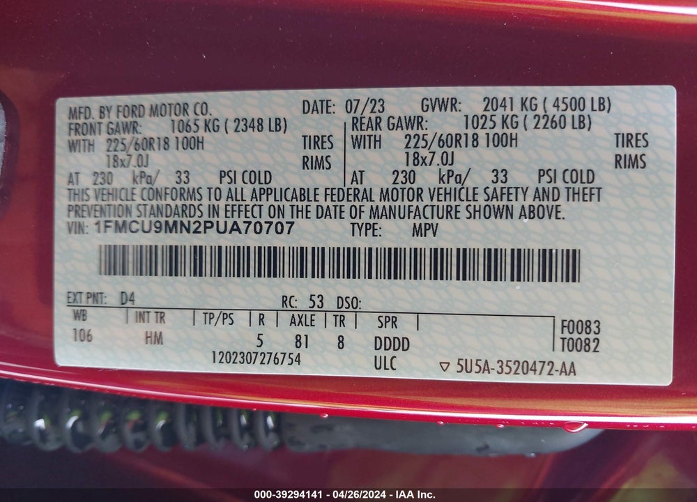 2023 FORD ESCAPE ST LINE VIN: 1FMCU9MN2PUA70707