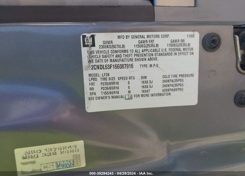2006 CHEVROLET EQUINOX LT VIN: 2CNDL63F166087916