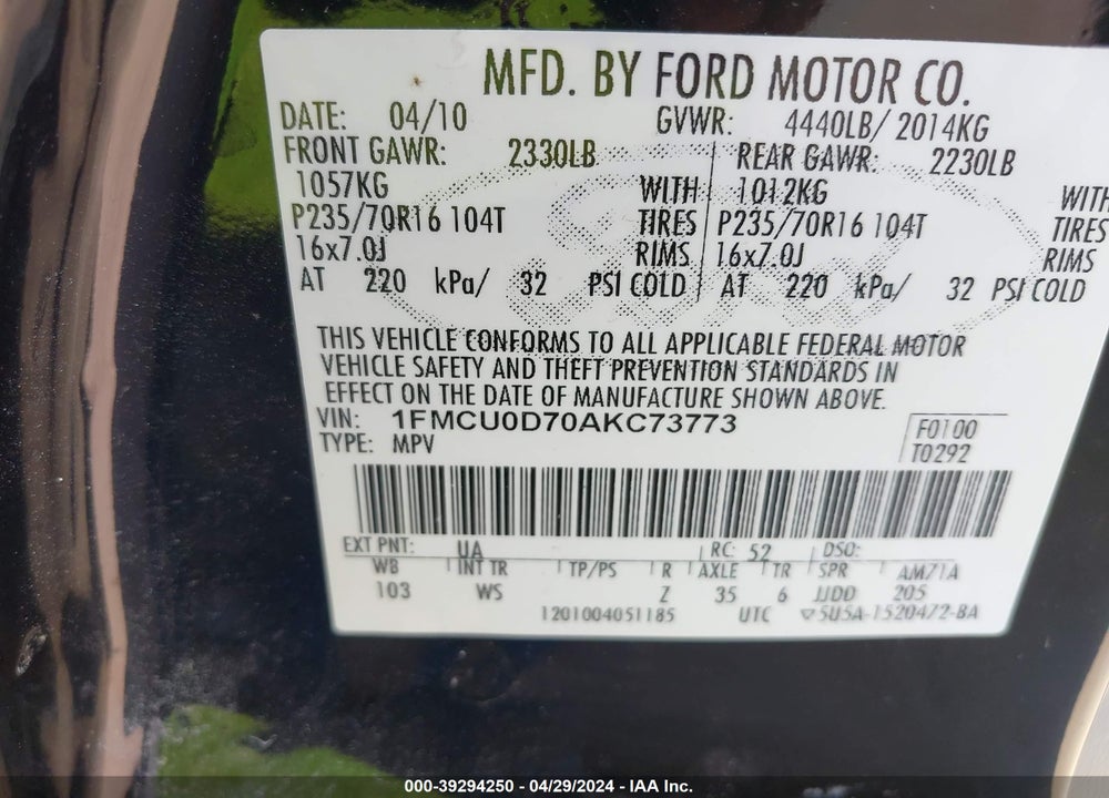 2010 FORD ESCAPE VIN: 1FMCU0D70AKC73773