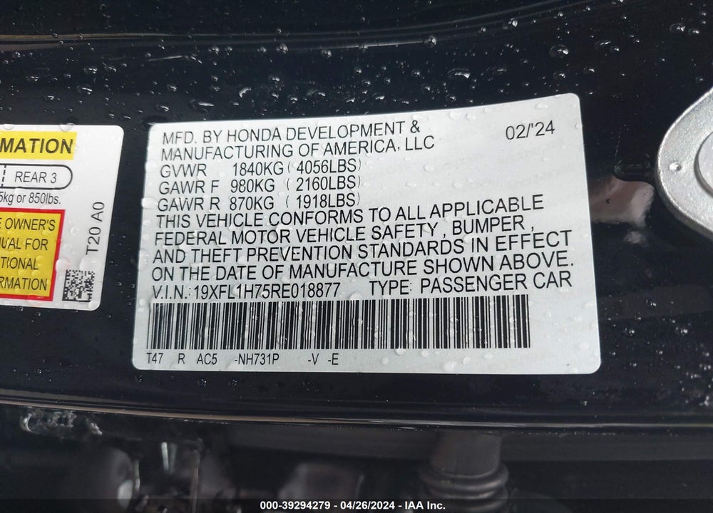 2024 HONDA CIVIC EX-L VIN: 19XFL1H75RE018877