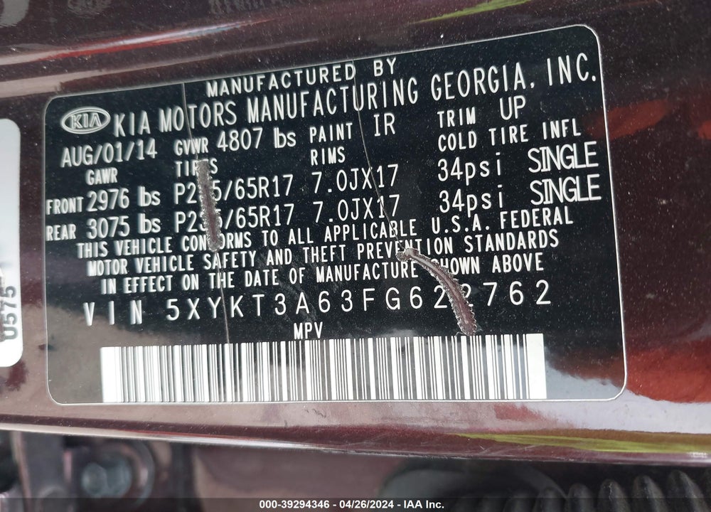 2015 KIA SORENTO LX VIN: 5XYKT3A63FG622762