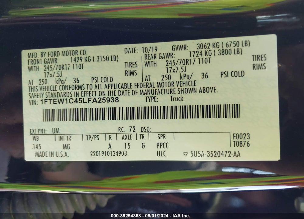 2020 FORD F-150 VIN: 1FTEW1C45LFA25938