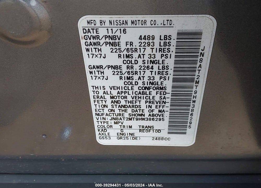 2017 NISSAN ROGUE S VIN: JN8AT2MT9HW386295