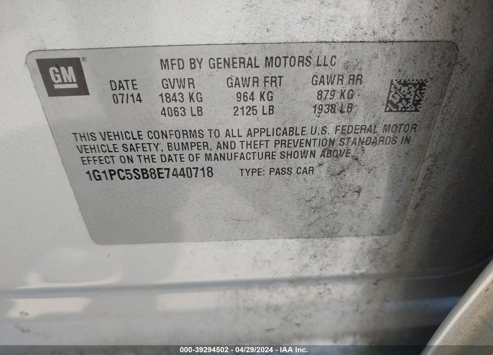2014 CHEVROLET CRUZE 1LT AUTO VIN: 1G1PC5SB8E7440718