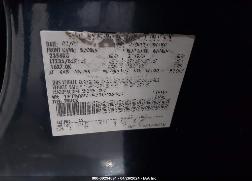 2002 FORD F-250 LARIAT/XL/XLT VIN: 1FTNW21F72EC38551