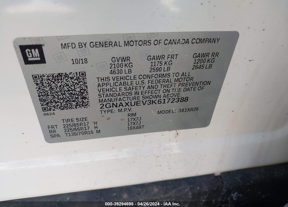 2019 CHEVROLET EQUINOX LT VIN: 2GNAXUEV3K6172388