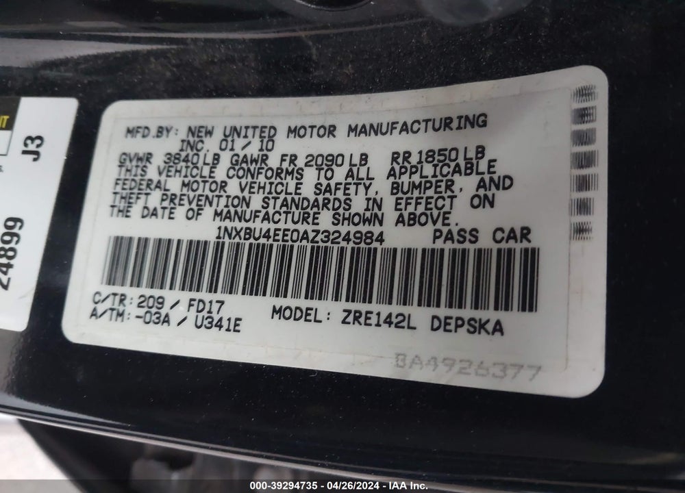 2010 TOYOTA COROLLA S VIN: 1NXBU4EE0AZ324984