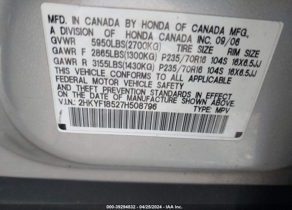 2007 HONDA PILOT EX-L VIN: 2HKYF18527H508796