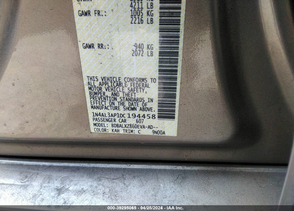 2013 NISSAN ALTIMA 2.5 SL VIN: 1N4AL3AP1DC194458