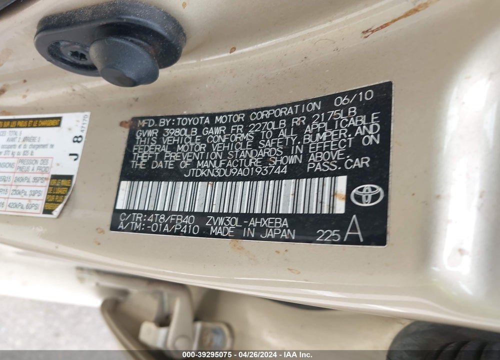 2010 TOYOTA PRIUS II VIN: JTDKN3DU9A0193744