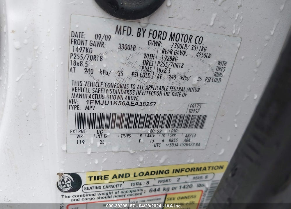 2010 FORD EXPEDITION LIMITED VIN: 1FMJU1K56AEA38257