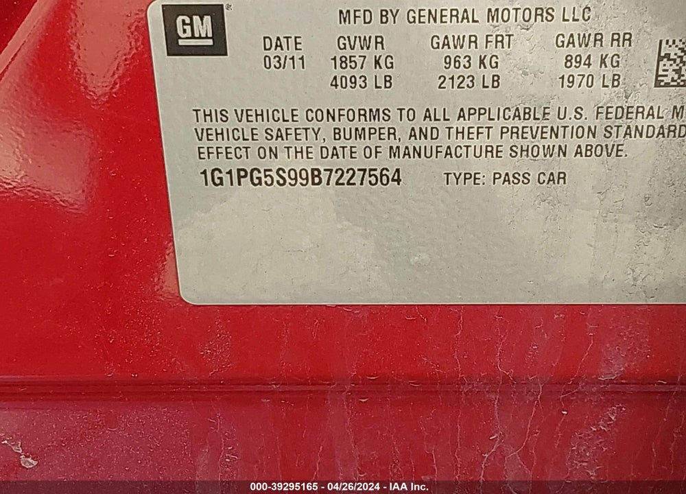 2011 CHEVROLET CRUZE 2LT VIN: 1G1PG5S99B7227564