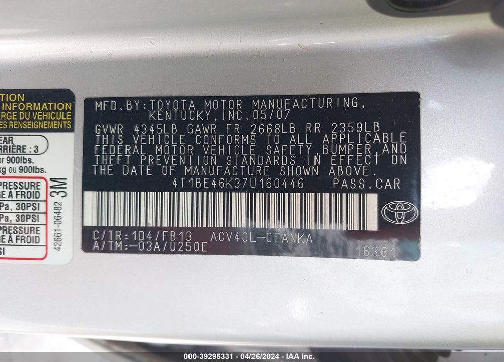 2007 TOYOTA CAMRY LE VIN: 4T1BE46K37U160446