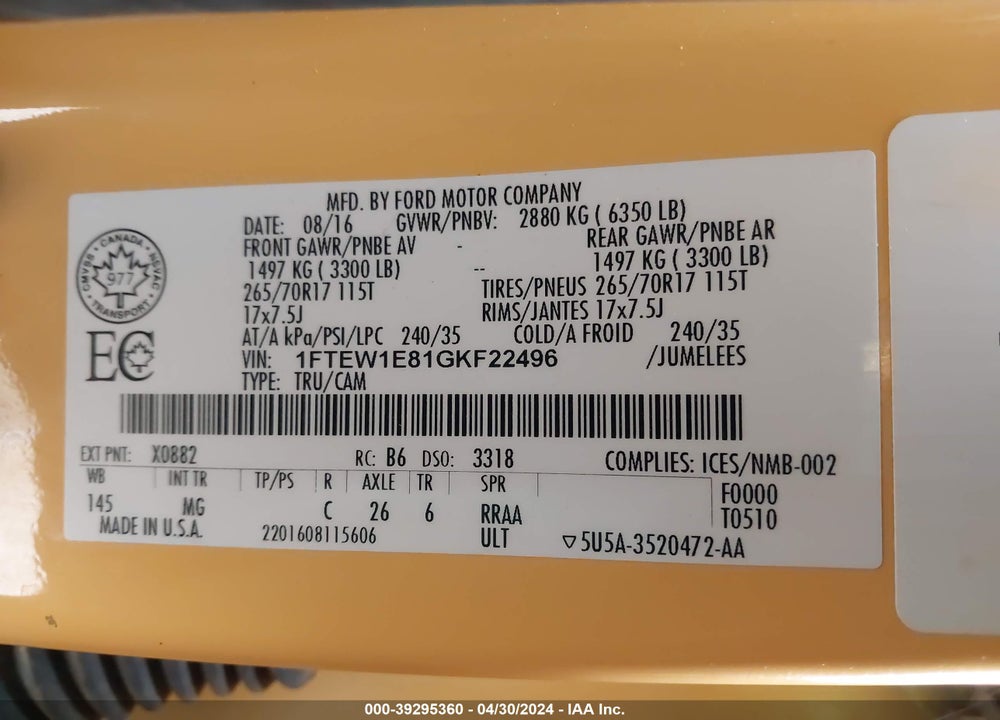 2016 FORD F-150 XLT VIN: 1FTEW1E81GKF22496