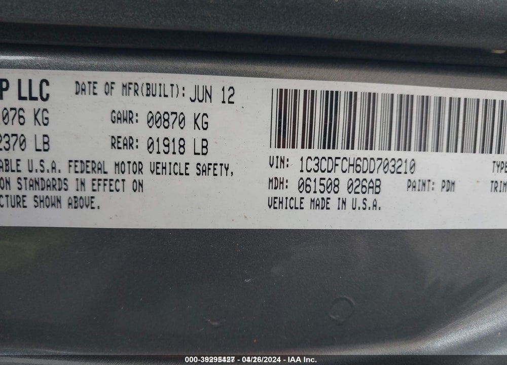 2013 DODGE DART VIN: 1C3CDFCH6DD703210