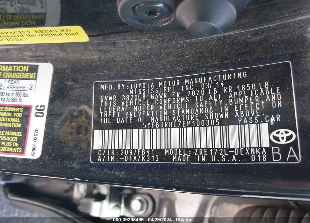 2014 TOYOTA COROLLA LE VIN: 5YFBURHE7EP100305
