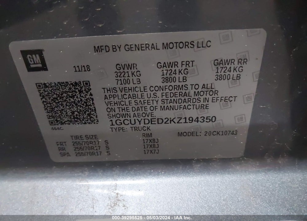 2019 CHEVROLET SILVERADO 1500 LT VIN: 1GCUYDED2KZ194350