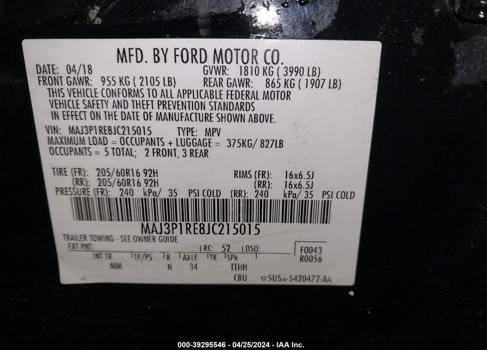 2018 FORD ECOSPORT S VIN: MAJ3P1RE8JC215015