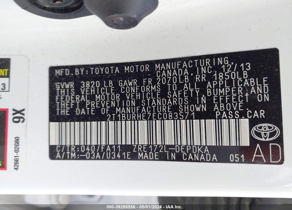 2014 TOYOTA COROLLA L VIN: 2T1BURHE7EC083571