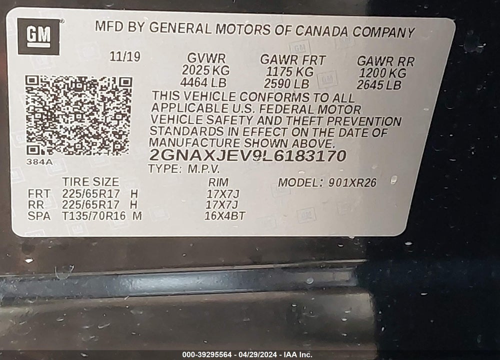 2020 CHEVROLET EQUINOX FWD 2FL VIN: 2GNAXJEV9L6183170