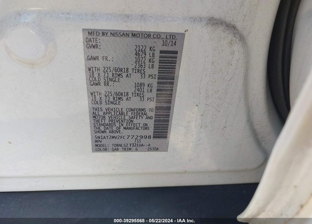 2015 NISSAN ROGUE SL VIN: 5N1AT2MV2FC772998