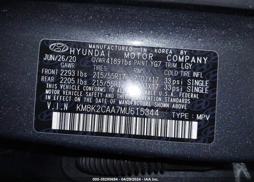 2021 HYUNDAI KONA SEL VIN: KM8K2CAA7MU615344