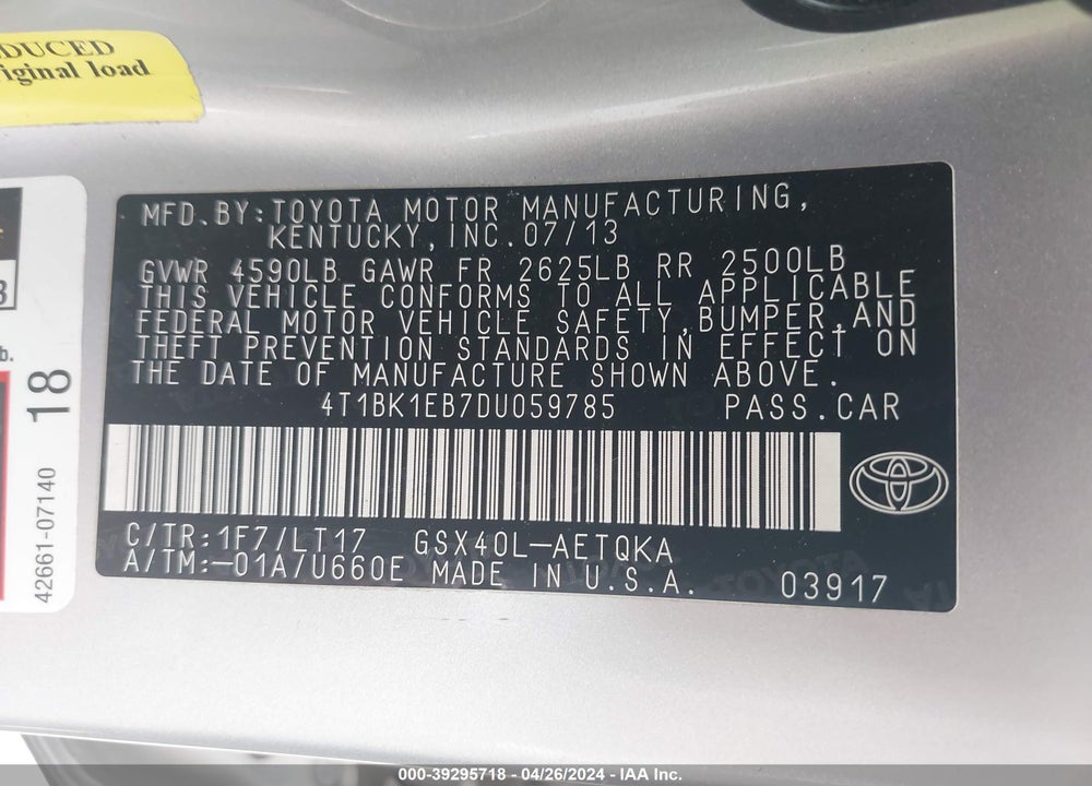 2013 TOYOTA AVALON XLE TOURING VIN: 4T1BK1EB7DU059785