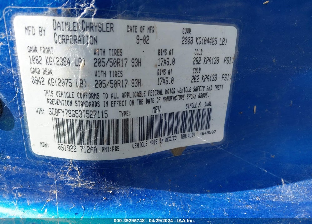 2003 CHRYSLER PT CRUISER GT VIN: 3C8FY78G53T527115