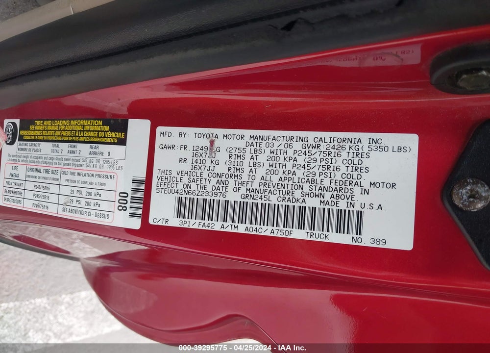 2006 TOYOTA TACOMA BASE V6 VIN: 5TEUU42N66Z233976