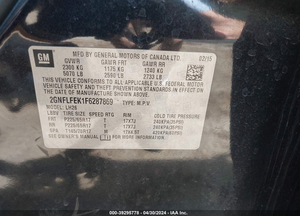 2015 CHEVROLET EQUINOX 1LT VIN: 2GNFLFEK1F6287869