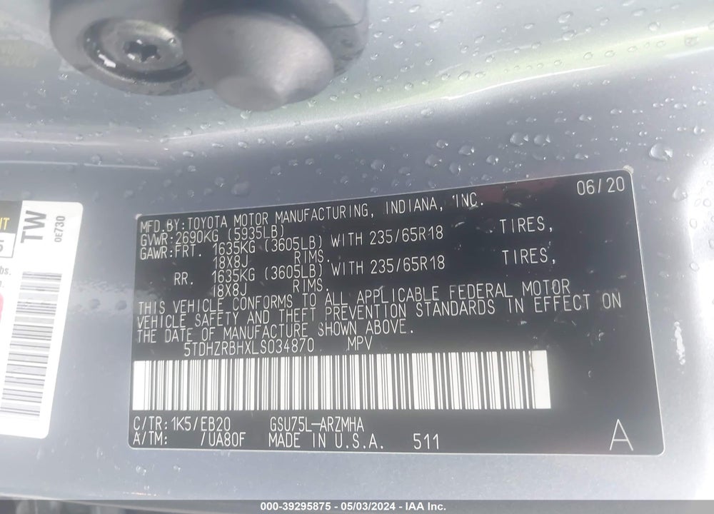 2020 TOYOTA HIGHLANDER VIN: 5TDHZRBHXLS034870