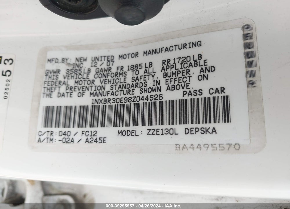 2008 TOYOTA COROLLA S VIN: 1NXBR30E98Z044526