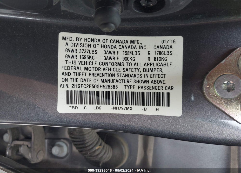 2016 HONDA CIVIC VIN: 2HGFC2F50GH528385