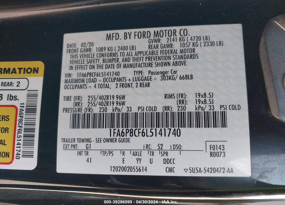 2020 FORD MUSTANG GT PREMIUM FASTBACK VIN: 1FA6P8CF6L5141740