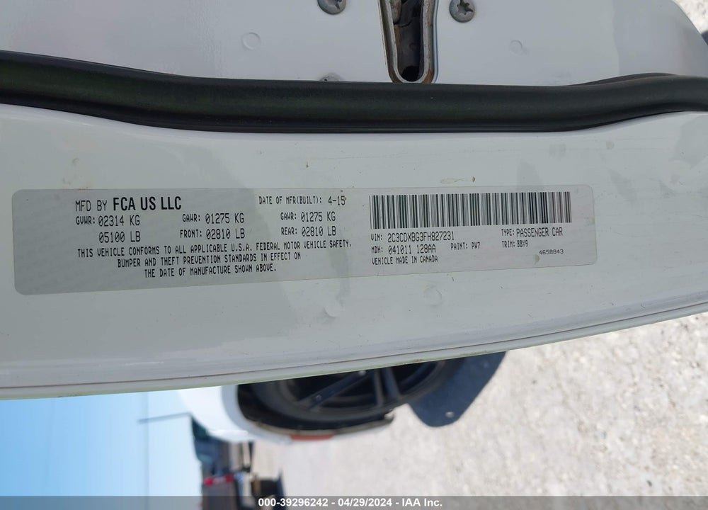 2015 DODGE CHARGER VIN: 2C3CDXBG3FH827231