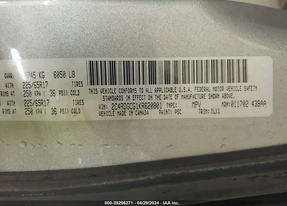 2019 DODGE GRAND CARAVAN SXT VIN: 2C4RDGCG1KR620801